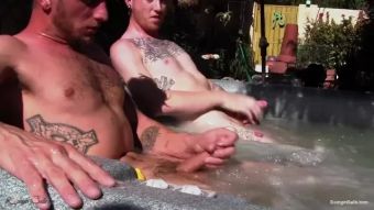 Grande College straight guys jerk off in a hot tub showing off their low hangers Blonde